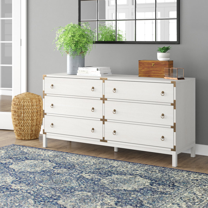 Akyah 60.7" W 6-Drawer Double Dresser with Ring Pulls, Bleached White