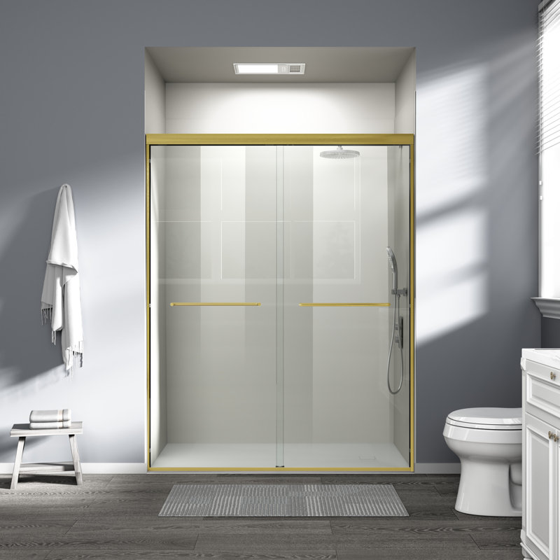 56"-60" W x 72" H Double Sliding Shower Door Framed Bypass Sliding Door with Tempered Glass Explosion-Proof, 2 Towel Bars for Walk-in Bathroom, Brushed Gold