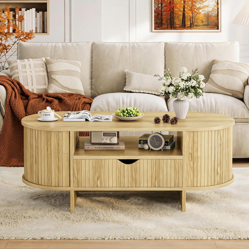 Table basse ovale de 47 pouces avec rangement, table centrale cannelée de style moderne du milieu du siècle, table basse d'appoint avec tiroir et portes coulissantes, pour petit salon ou appartement.