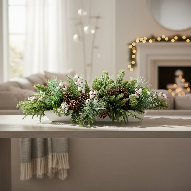 Holiday Arrangement with Evergreens, Berries and Pinecones