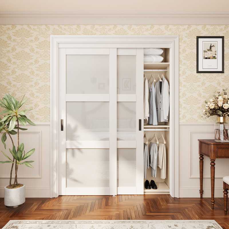 60" x 80" Sliding Closet Doors White and Solid Manufactured Wood With Installation Hardware Kit & Handle, 60" x 80"