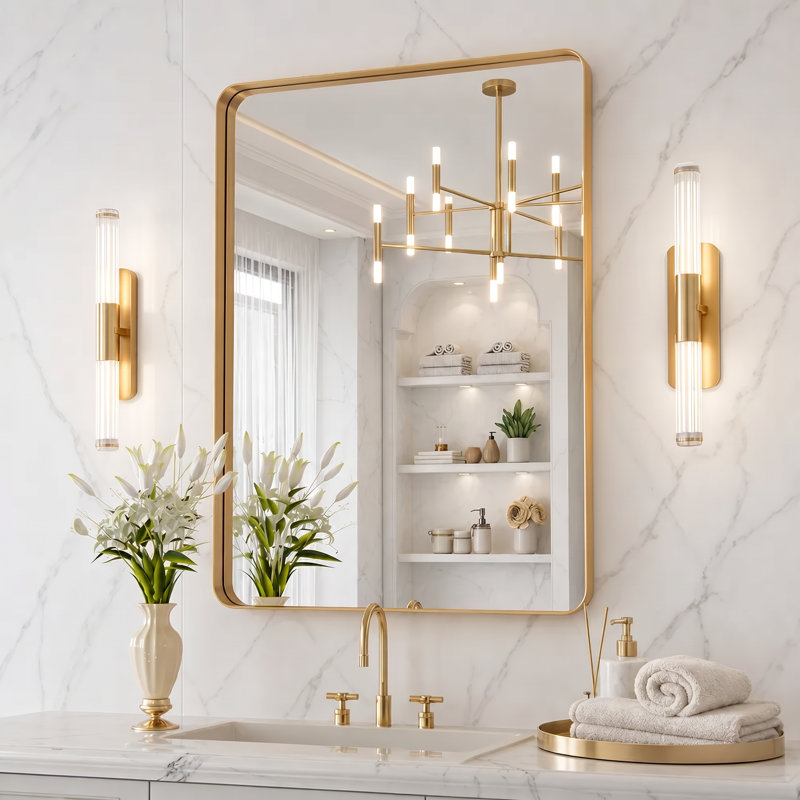 Lunara 1.18" Deep Rounded Corner Rectangular Bathroom Wall Mirror with Premium Tempered Glass & Aluminum Alloy Framed, Gold