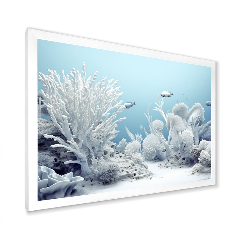 Coastal White Coral Serenity - Coastal Coral Under Water, art mural, 34" H x 44" W x 1.5" D, Cadre blanc