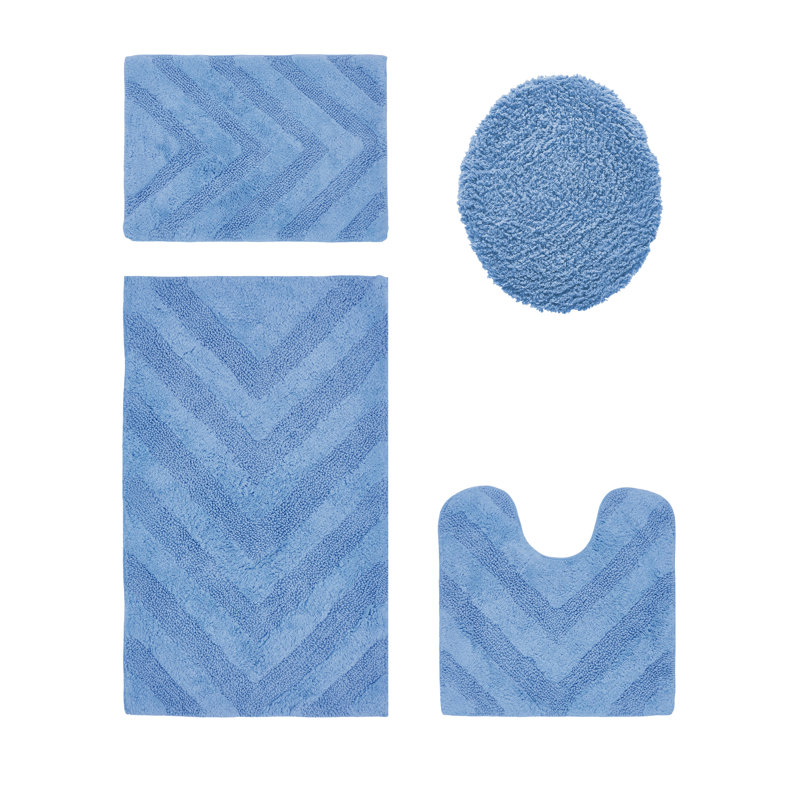 Ensemble de tapis pour salle de bain 100% coton de qualité supérieure Hugo 4 pièces avec envers antidérapant, lavable à la machine, luxueux tapis Chervon à motif super absorbant et touffeté pour la salle de bain, la douche et la baignoire