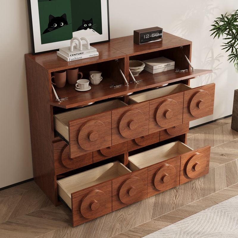 Grand meuble télé 91,32 po de style Mid-Century moderne, centre de divertissement en bois à 8 tiroirs, console multimédia au fini noyer pour le salon