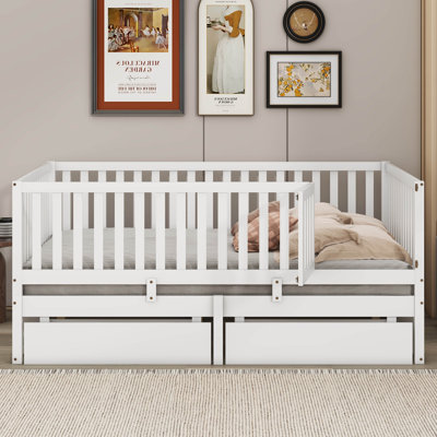 Jordee Wood Daybed with Fence Guardrails and 2 Drawers