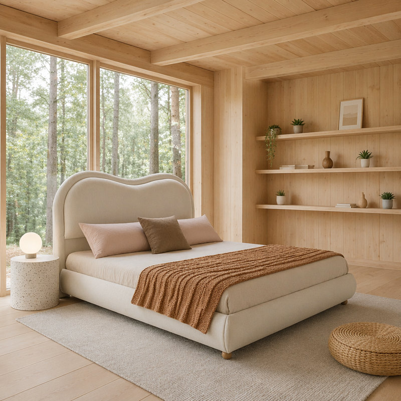 Issabell Upholstered Platform Bed With Wood Slats, Queen, Beige