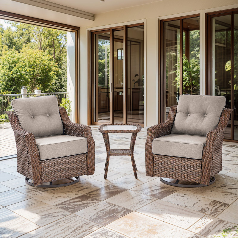 Patio Rattan Swivel Glider Chair & Side Table Set With Water-Resistant Olefin Cushions, Beige