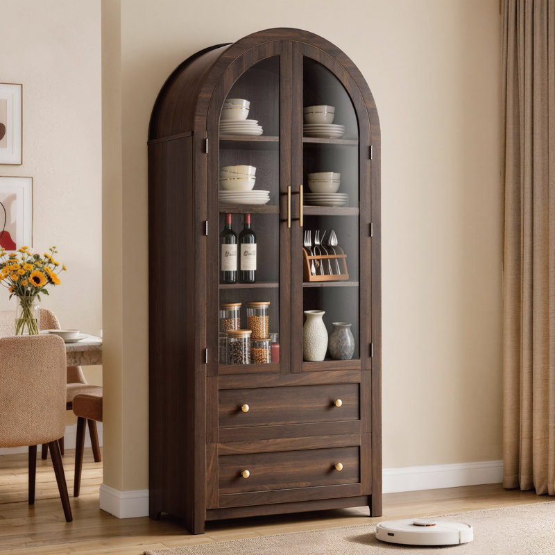 71" Tall Modern Farmhouse Arched Kitchen Pantry with Adjustable Shelves, Brown