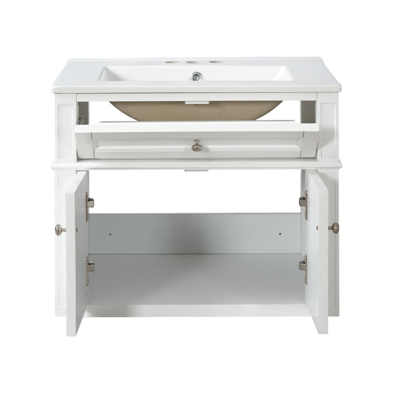 Meuble-lavabo autoportant blanc moderne 24 po avec lavabo en céramique, tiroir coulissant et 2 portes à fermeture en douceur avec rangement