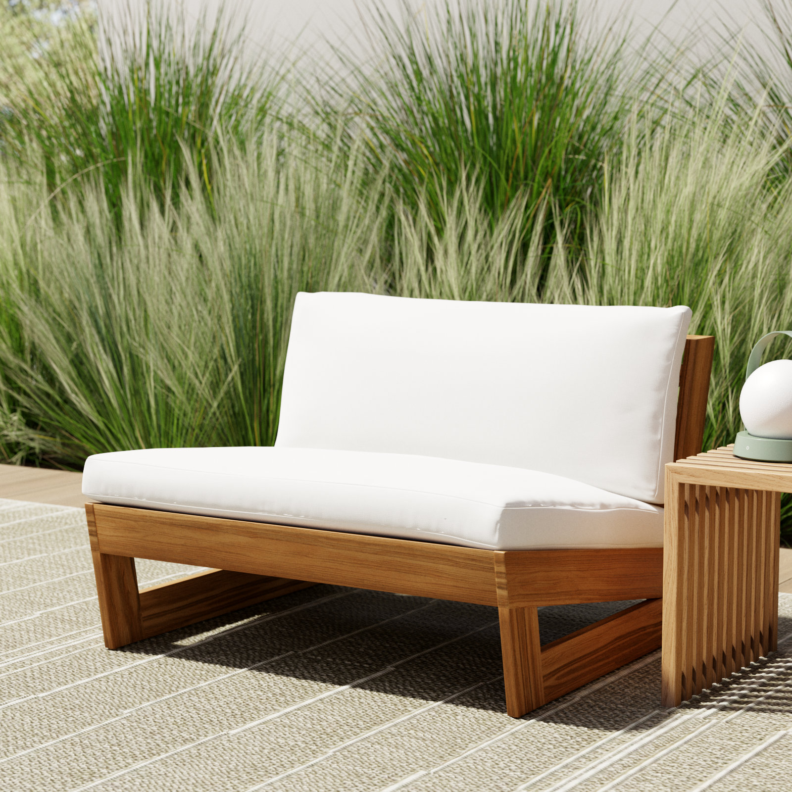 Louise Acacia Outdoor Armless Lounge Chair, Teak Frame/White Cushion