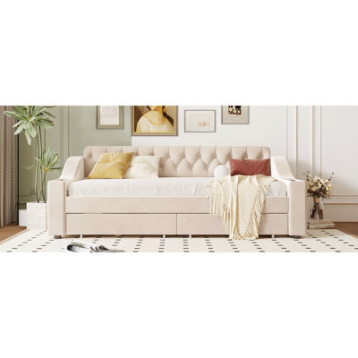 Beige Upholstered Twin Daybed With Armrest Storage And Socket Size In Tone