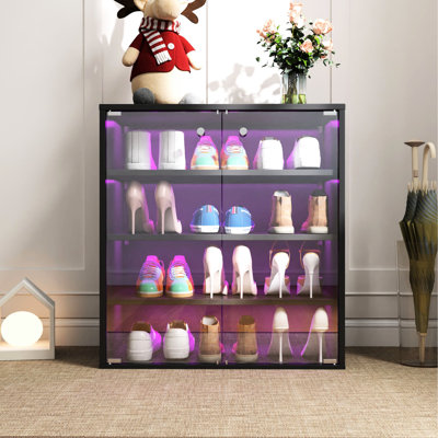 Boîte de rangement pour chaussures à DEL - Caisse en bois empilable à 4 niveaux avec porte en verre pour présentation de chaussures