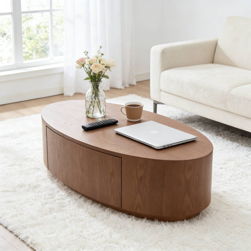 47.24" Dark Walnut Oval Coffee Table, MDF Center Table With Drawer For Living Room Apartment Condo, Dark Walnut
