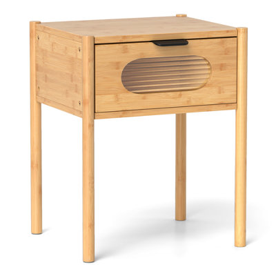 Bamboo Nightstand with Tempered Glass Drawer, Modern Square Tall End Table for Bedroom, Sustainable & Sturdy, Natural