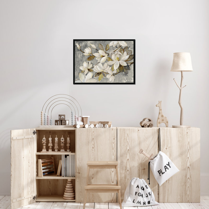 Magnolia Simplicity Neutral Grey by Silvia Vassileva - Painting, Black Framed Paper Print, 34cm H x 50cm W