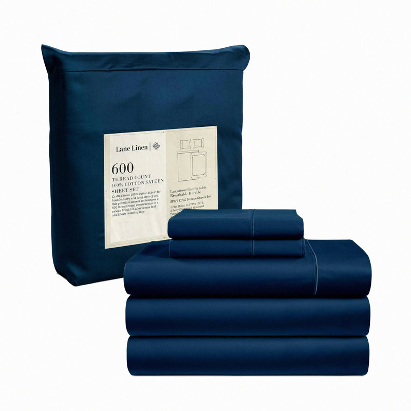 Luxury Cotton Split Bedding Set - 5 Piece 600 TC Sheets with Deep Pockets for Adjustable Beds. Ultra Soft Hotel Quality Pillowcases.