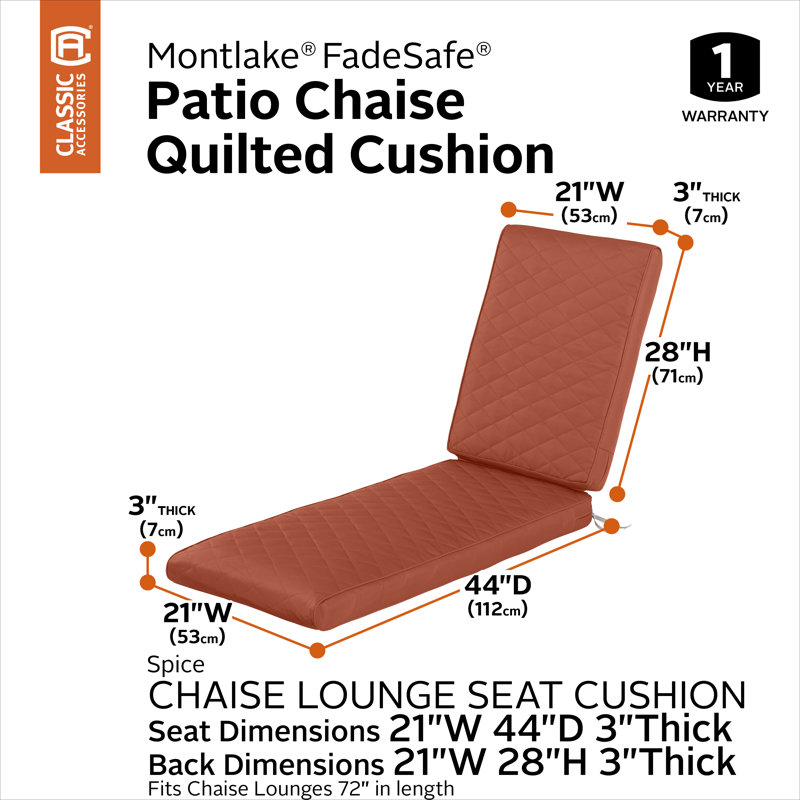 Quilted Patio Chaise Lounge Cushion, 3" H x 21" W x 72" D, Spice