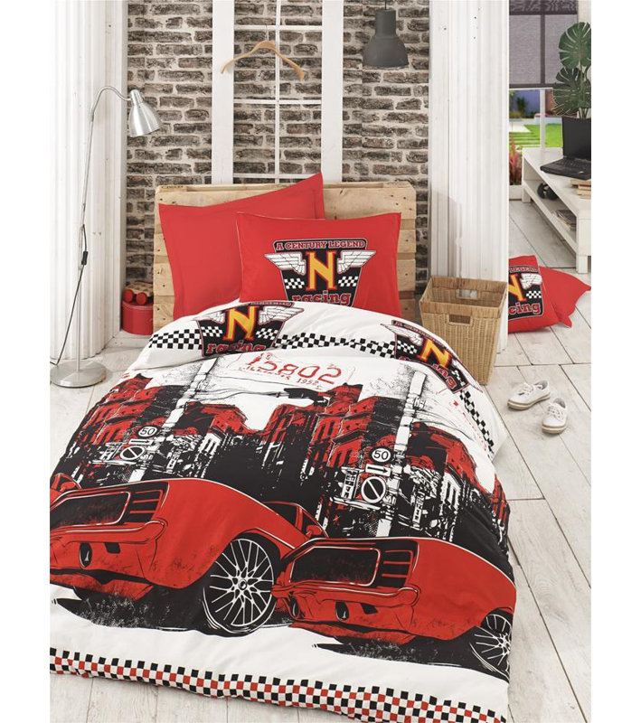 Ensemble de housse de couette double Elegant Ranforce, 100% coton, rouge / blanc / noir, comprend une housse de couette (78,7 x 86,6 po), un drap plat (86,6 x 94,5 po), 2 taies d'oreiller (19,7 x 27,6 po) | 140 fils, lavable à la machine, fermeture à boutons