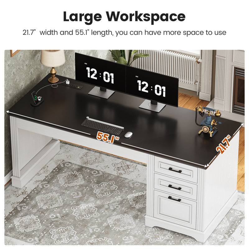 HOOBRO Farmhouse Office Desk With Drawers – 63” Wide, Power Outlet & USB, LED Lights, File Cabinet & Monitor Stand