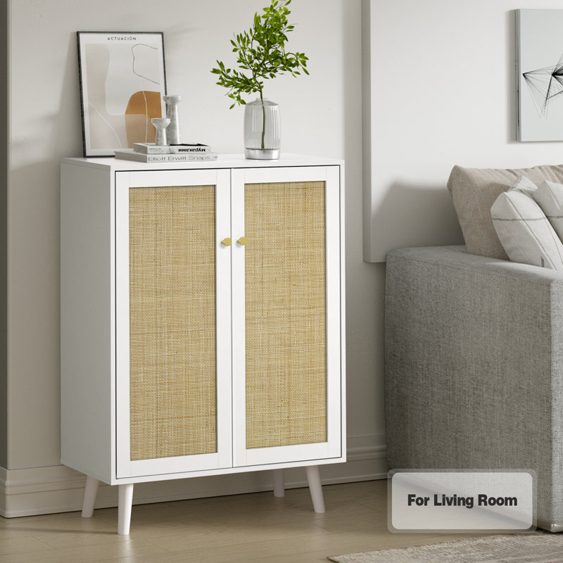 White Freestanding Rattan 2-Door Accent Cabinet with Adjustable Shelves