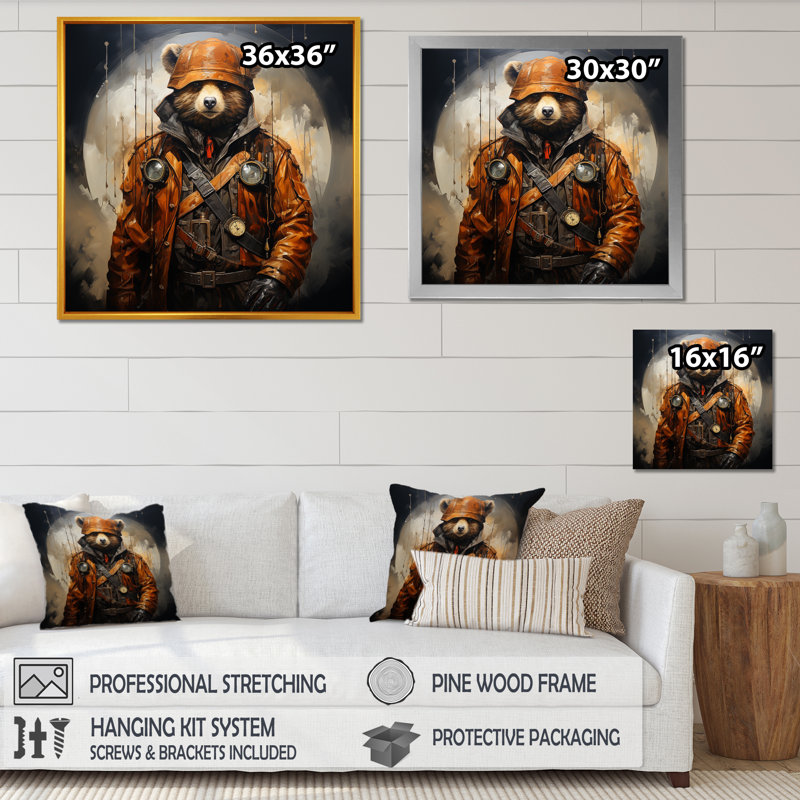Art mural Steampunk Fashion II - Ours 2, Cadre doré simple, H 30 po x l 30 po x P 1,5 po