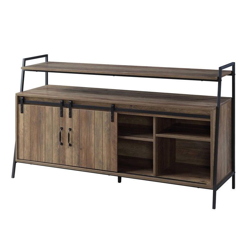 60-Inch Tv Stand Featuring Sliding Barn Doors, Rustic Oak And Black Metal, 6 Storage Compartments, 1 Open Compartment, For 50 - 59 Inch Tvs In Main Living Areas Metal With Door Storage, Areas, Shelf,