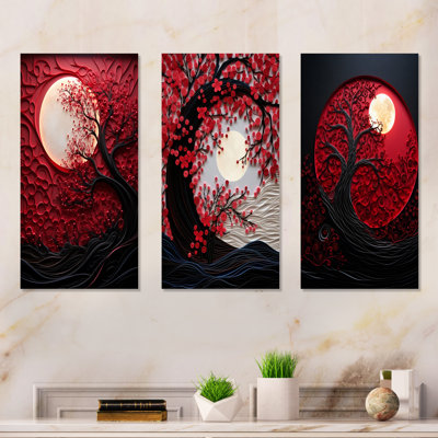 Red Moon Ruby Radiance - Moon Metal Wall Art Set Of 3