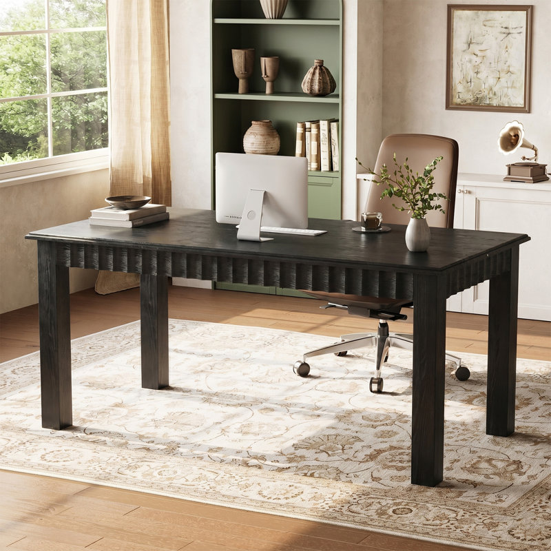 63-Inch Solid Wood Computer Desk, Large Home Office Desk with Sturdy Wooden Legs, Rustic Computer Office Table for Writing, Reading, Study, Brown