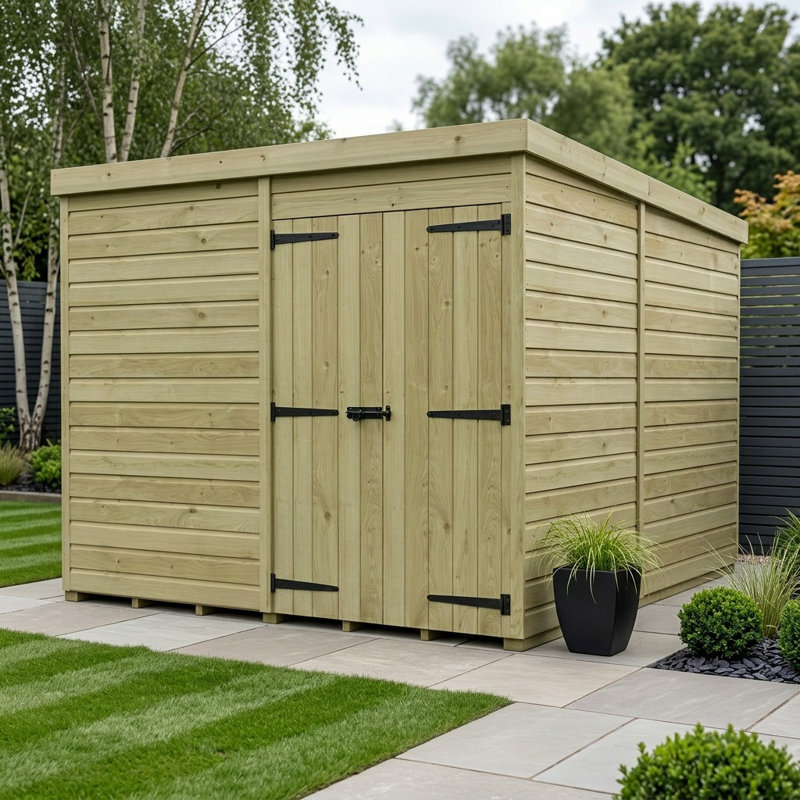 Total Sheds 8ft x 9ft Pent Garden Shed - Double Door - No Windows - Pressure Treated Timber - UK Manufactured