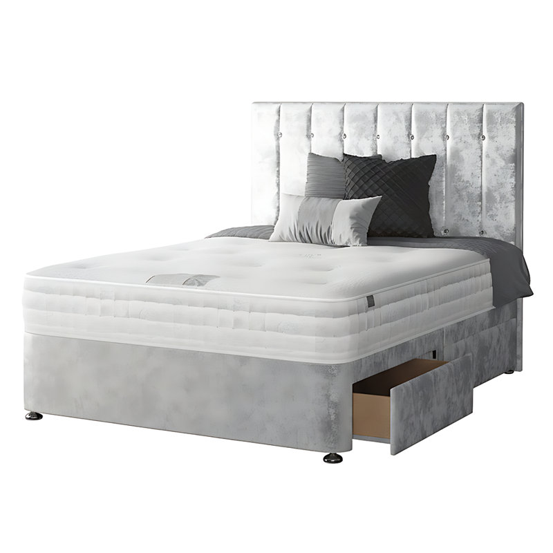 New Fairfield Upholstered Divan Bed, Small Double (4'), Silver, 4 Drawers