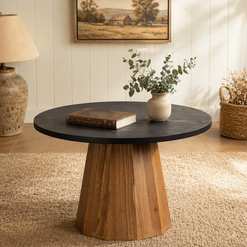 Table basse ronde en bois à piédestal robuste pour salon facile à assembler, H 16,73 po x l 23,62 po x P 23,62 po