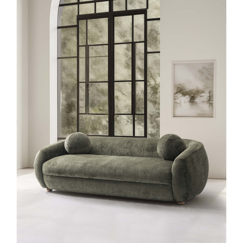 Tribeca 86" Mid-Century Modern Chenille Upholstered Birch Wood Sofa in Olive Green, Tedric Green Chenille