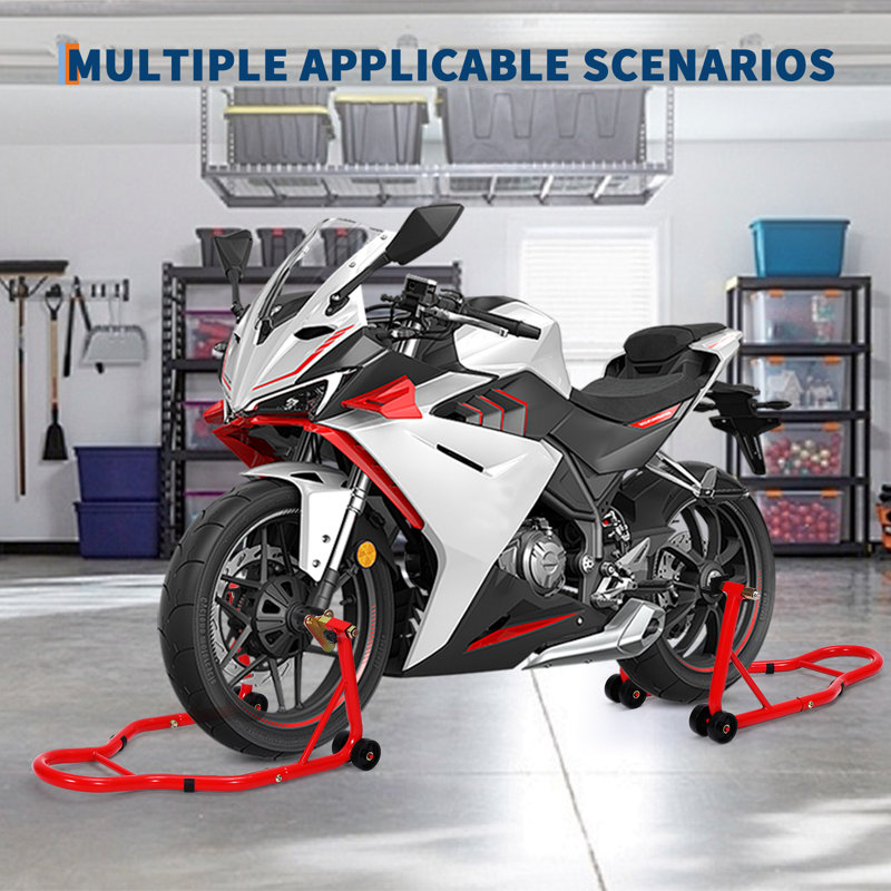 Ensemble de béquilles d'atelier robustes et polyvalentes pour motos – Supports avant et arrière réglables de 408 kg (900 lb) pour réparations, entretien et remisage. Construction robuste en acier, rouge.