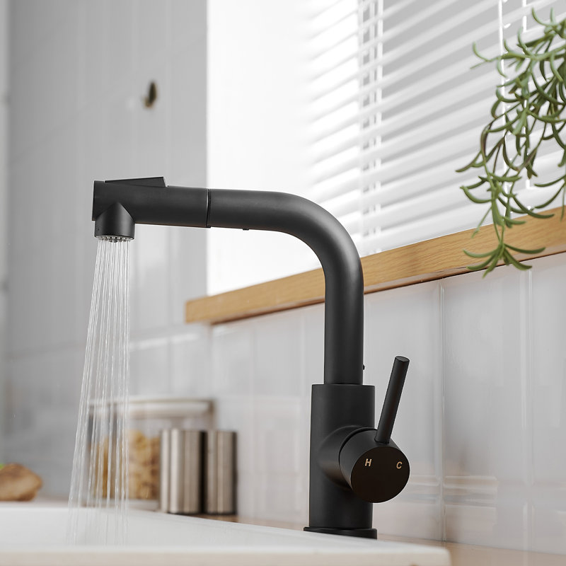 Robinet de cuisine noir avec bec rétractable - Style moderne, acier inoxydable, robinets de salle de bain et robinetterie en céramique, rotatif à 360 °
