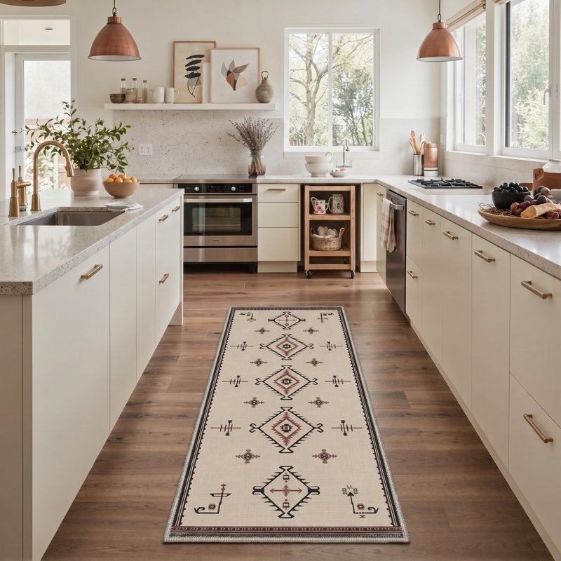 Abrahamson Viento Geometric Machine Washable Beige / Black / Brown Indoor Area Rug with Non-Slip Backing, Runner 2' x 6'