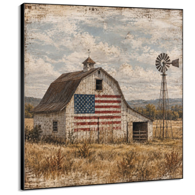 Impression sur tissu grand format - Décoration murale rustique avec drapeau américain, grange et moulin à vent, idéale pour le salon ou la chambre - « Assemblage du cadre requis (cadre non fini) »
