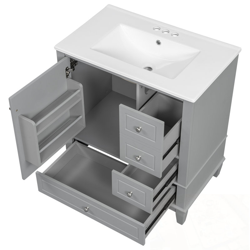 Meuble-lavabo avec lavabo, tablette et trois tiroirs, Gris