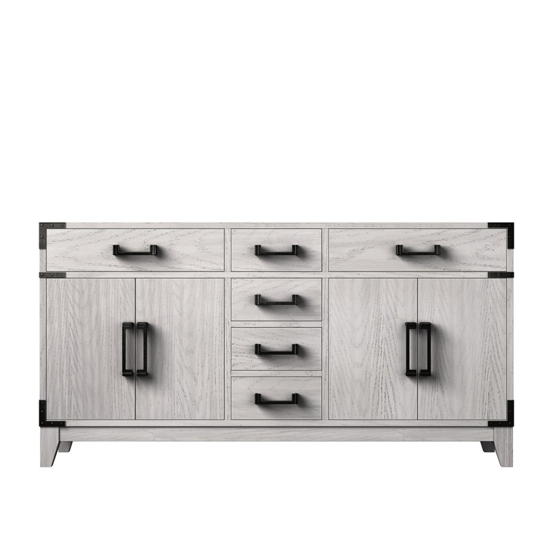 Meuble-lavabo double en chêne blanc 60 po Large, à fermeture en douceur, deux armoires, quatre tiroirs, une tablette ouverte, du bois massif entièrement assemblé et une conception à fermeture rapide pour une installation rapide