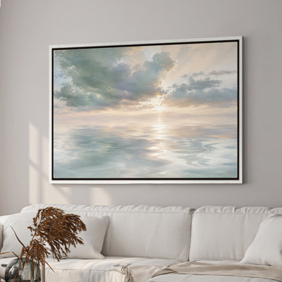 Art mural sur toile encadrée - Coucher de soleil océan doux avec des tons bleus et dorés - 24 po x 36 po