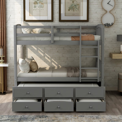 Lit superposé simple gris avec échelle, barrière de sécurité, lit gigogne simple et 3 tiroirs de rangement, pour les adolescents peu encombrants et le mobilier de chambre d'amis