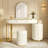 Luxury Makeup Vanity Desk with 3-Color LED Mirror & Stool, Adjustable Length Vanity Table with Movable Side Cabinet, 6 Drawers Storage, Marble-Look Sticker Top, PU Leather Drawers, Gold Stainless Stee
