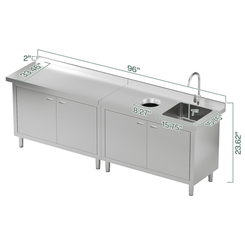 Évier utilitaire en acier inoxydable avec armoire l 96 po x P 24 po x H 33,5 po, 96" x 24" x 33.5"