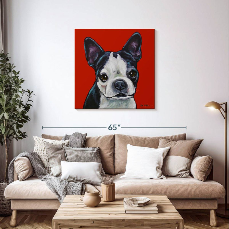 Brampt Sophie Boston Terrier sur fond rouge, H 36 po x l 36 po