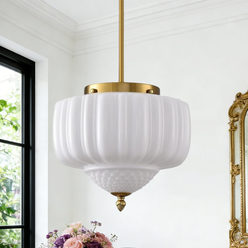Grand luminaire suspendu en verre de lait, Blanc, Tige - Or