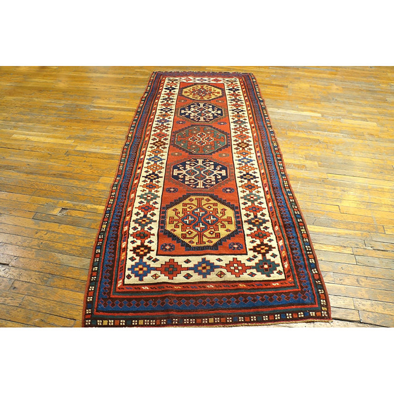 Antique Kazak Hallway Runner Wool Coral Rug