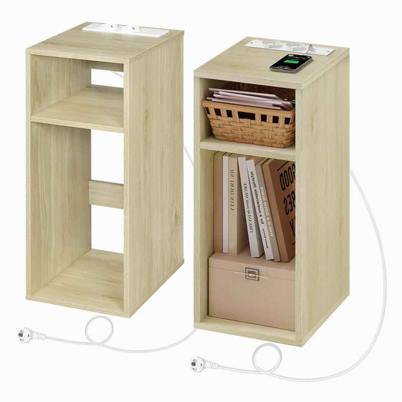 Nightstand With Charging Station For 2 Sockets And 2 USB Ports, Light Wood Side Table With 2 Open Compartments, Narrow Table For Living Room And Bedroom