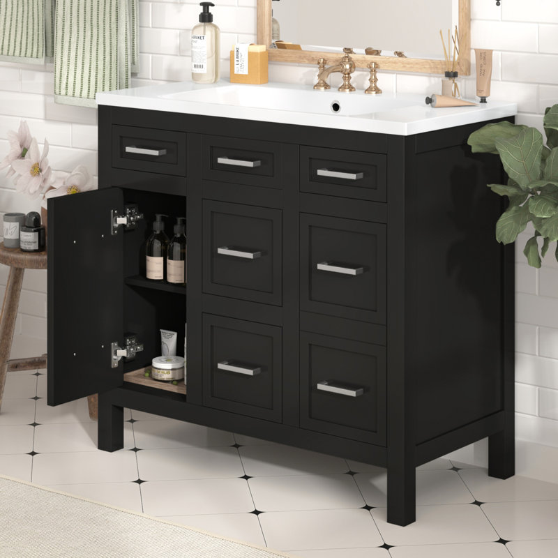 Meuble-lavabo de salle de bain avec lavabo intégré en résine - 4 tiroirs / 2 portes, Noir