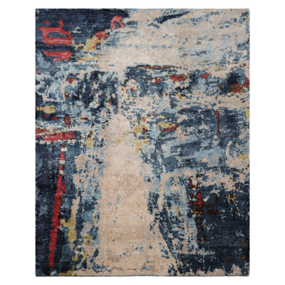 8x10 Beige, Blue Hand Knotted Tibetan Sherpa Modern Abstract Wool Area Rug