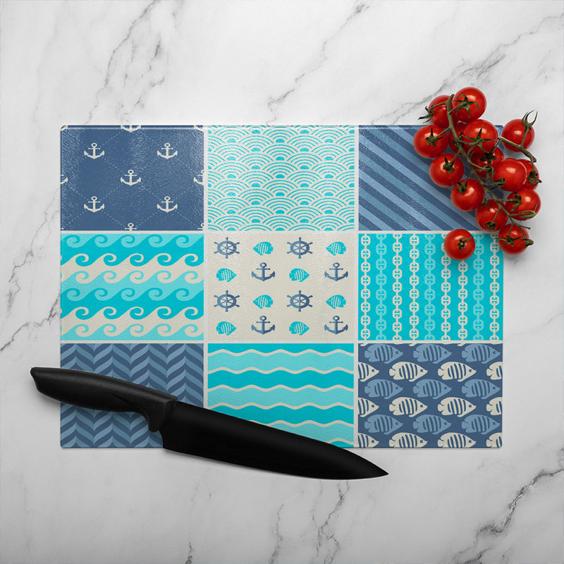 Nautical Tiles Glass Chopping Board, 40cm L x 28cm W